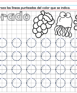 Hoja de trabajo de cuadrícula de PREESCOLAR 1 CUADERNILLO DE TRABAJO 2026 para 2026, con instrucciones en español para trazar líneas de puntos morados (