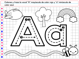 El PREESCOLAR 1 CUADERNILLO DE TRABAJO 2026 ofrece una hoja de trabajo en blanco y negro con una "A" mayúscula y minúscula grande para trazar, con un avión, un árbol, un arco iris y una abeja. Instrucciones en español: colorea la "A" de rojo y la "a" de azul; perfecto para los primeros aprendices.