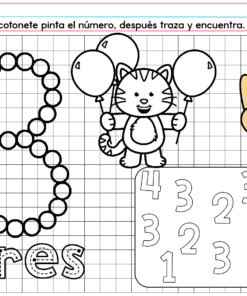 El PREESCOLAR 1 CUADERNILLO DE TRABAJO 2026 incluye actividades sobre el número 3 en español: líneas punteadas para trazar, un gato con tres globos, la palabra 