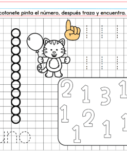 PREESCOLAR 1 CUADERNILLO DE TRABAJO 2026: activ. en español para preescolar sobre el número 1, con gato y globo, ejercicios de trazo y coloreo, mano señalando arriba e instrucciones al inicio. Ideal para 2026.
