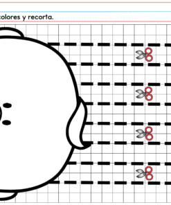 Hoja de ejercicios en blanco y negro de PREESCOLAR 1 CUADERNILLO DE TRABAJO 2026, que muestra una cara sonriente, seis líneas discontinuas con iconos de tijeras y texto en español: 