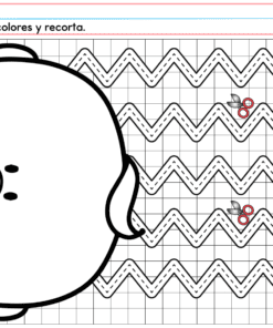Una hoja de trabajo de PREESCOLAR 1 CUADERNILLO DE TRABAJO 2026 presenta una cara de dibujos animados a la izquierda y cuatro líneas en zigzag con iconos de tijeras a la derecha. El texto superior dice: 