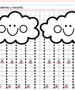 Dos nubes sonrientes con líneas de puntos debajo señalan iconos de tijeras en columnas. Puntos rosas y X azules alternados forman una columna a la izquierda. Las instrucciones en español para PREESCOLAR 1 CUADERNILLO DE TRABAJO 2026 aparecen en la parte superior.