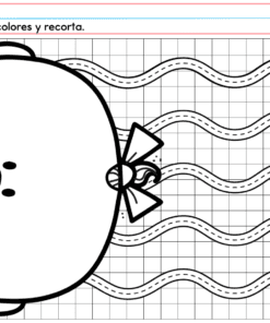 En PREESCOLAR 1 CUADERNILLO DE TRABAJO 2026, un pulpo sonriente con un lazo está sobre una cuadrícula. Cuatro tentáculos tienen líneas discontinuas para trazar e iconos de tijeras en los extremos, con 