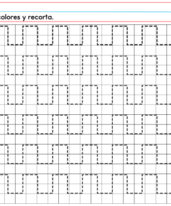 Ficha de PREESCOLAR 1 CUADERNILLO DE TRABAJO 2026 para preescolar: siete líneas discontinuas en zigzag que comienzan con un punto o X de color y terminan con unas tijeras. Texto superior: 