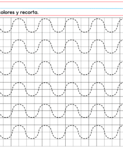 PREESCOLAR 1 CUADERNILLO DE TRABAJO 2026: La hoja de trabajo presenta seis líneas de puntos onduladas en una cuadrícula, cada una de las cuales comienza con un punto rosa o una X azul y termina en tijera. Texto superior: 