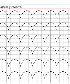 Hoja de ejercicios para PREESCOLAR 1 CUADERNILLO DE TRABAJO 2026: cinco filas semicirculares discontinuas, cada una comienza con un punto o X de color y el icono de unas tijeras. Instructions in English: 