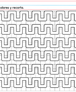 Una hoja de trabajo de PREESCOLAR 1 CUADERNILLO DE TRABAJO 2026 presenta seis caminos en zigzag, cada uno de los cuales comienza con una forma coloreada y termina con unas tijeras. Incluye la instrucción: 