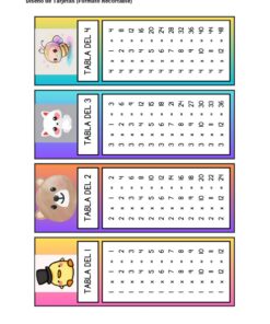 TABLAS DE MULTIPLICAR. CUADERNILLO DE ACTIVIDADES. 10 Cuatro coloridas tablas de multiplicar (del 1 al 4), cada una con la ilustración de un animal de dibujos animados: pollito con sombrero, oso, gato blanco y conejo. Las tablas están dispuestas verticalmente y etiquetadas de