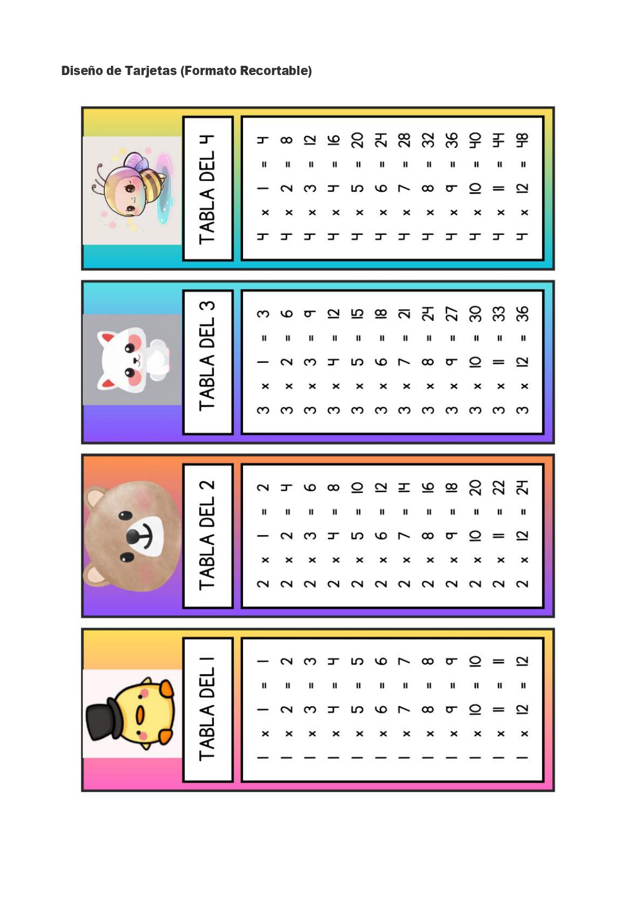 TABLAS DE MULTIPLICAR. CUADERNILLO DE ACTIVIDADES. 5 Cuatro coloridas tablas de multiplicar (del 1 al 4), cada una con la ilustración de un animal de dibujos animados: pollito con sombrero, oso, gato blanco y conejo. Las tablas están dispuestas verticalmente y etiquetadas de "TABLA DEL 1" a "TABLA DEL 4".