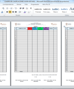 Captura de pantalla de un documento de Microsoft Word que muestra tres tablas idénticas. Cada tabla está dividida en filas y columnas, con encabezados de varios colores. El diseño incluye iconos para herramientas de formato y la interfaz de la aplicación es visible. El documento editable lleva por nombre 
