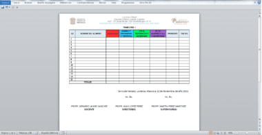 Captura de pantalla de un documento en español titulado "Lista de Asistencia y Evaluación" de una institución educativa mexicana. Este Cuadro de Calificaciones 100% Editable en Word contiene filas y columnas para nombres de estudiantes, materias y resultados de evaluaciones. El Cuadro de Calificaciones tiene fecha del 24 de noviembre de 2023.