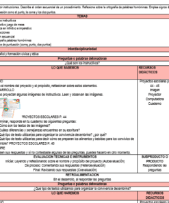 Una captura de pantalla que muestra una tabla utilizada en el plan de un proyecto escolar. La tabla está dividida en secciones con encabezados como 