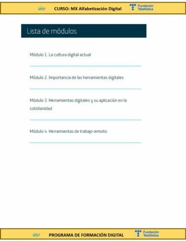 Una imagen de una lista de módulos de un curso titulada "Lista de módulos". Incluye cuatro módulos: "1. La cultura digital actual", "2. Importancia de las herramientas digitales", "3. Herramientas digitales y su aplicación en la cotidianidad" y "4. Herramientas de trabajo remoto.