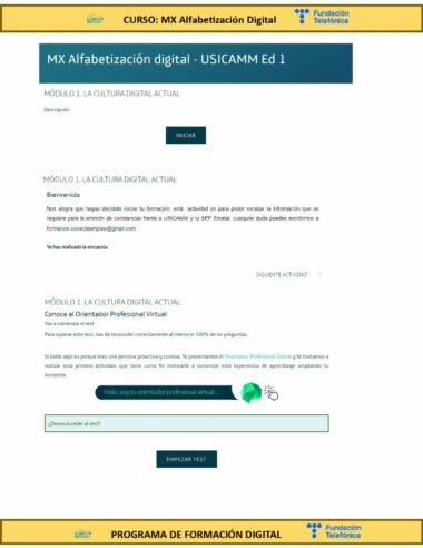 Captura de pantalla del programa del curso digital titulado "MX Alfabetización digital - USICAMM Ed 1". Incluye un mensaje de bienvenida, una breve descripción del módulo e instrucciones sobre cómo proceder. Hay un botón llamado "EMPEZAR TEST" en la parte inferior. El logo de Fundación Telefónica Movistar aparece en la parte superior e inferior de la página.
