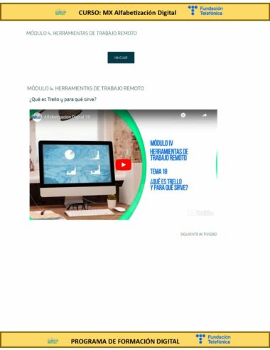 Captura de pantalla de una página web para un curso de alfabetización digital de Fundación Telefónica. El módulo se titula "Herramientas de Trabajo Remoto" y presenta un video sobre el uso de Trello. Hay un botón "Siguiente Actividad" y la página tiene un encabezado y pie de página amarillos.