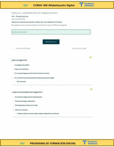 Captura de pantalla de un módulo del curso de alfabetización digital titulado "Herramientas de Trabajo Remoto". Incluye instrucciones de prueba y preguntas sobre Google Drive y sus beneficios, con opciones para seleccionar entre respuestas de opción múltiple. La página está marcada con los logotipos de Fundación Telefónica.
