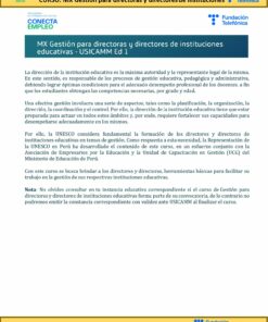 Afiche informativo del curso sobre gestión educativa para docentes y directivos, organizado por Fundación Telefónica y Fundación Compañía Social de Educación Emprendedora. El póster incluye detalles del curso, objetivos e información de contacto. El texto está escrito en español.