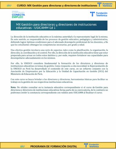 Afiche informativo del curso sobre gestión educativa para docentes y directivos, organizado por Fundación Telefónica y Fundación Compañía Social de Educación Emprendedora. El póster incluye detalles del curso, objetivos e información de contacto. El texto está escrito en español.
