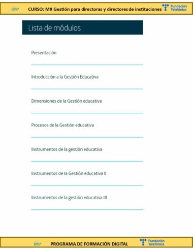 Relación de módulos denominada "Lista de módulos" del programa de formación digital de Fundación Telefónica. Los módulos incluyen: Presentación, Introducción a la Gestión Educativa, Dimensiones de la Gestión Educativa, Procesos de la Gestión Educativa, Instrumentos de la Gestión Educativa I, II y III.