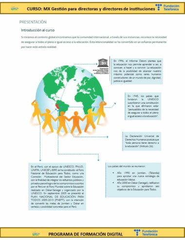 Imagen que muestra un cartel informativo del curso en línea titulado "MX Gestión para directores y directores de instituciones", proporcionada por Fundación Telefónica. El cartel presenta un mapa mundial con íconos conectados que representan diferentes países e iniciativas educativas.