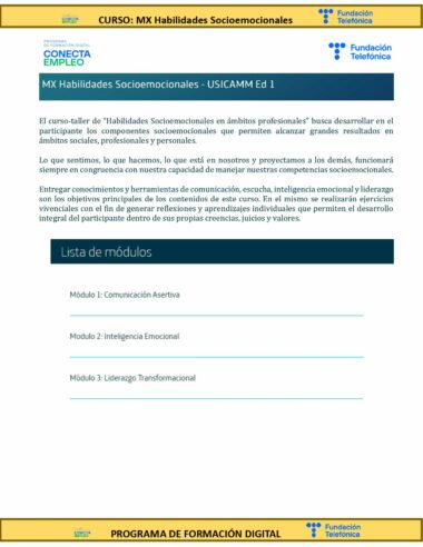 Folleto informativo detalla el curso "MX Habilidades Socioemocionales - USICAMM Ed 1". Describe los objetivos y métodos del curso e incluye una "Lista de módulos" con el Módulo 1: Comunicación Asertiva. El pie de página presenta logotipos de organizaciones de apoyo.