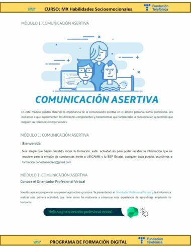 Folleto informativo del programa de capacitación digital titulado "Curso: MX Habilidades Socioemocionales" proporcionado por Fundación Televisa y Fundación Kaluz. El volante se enfoca en la comunicación asertiva e invita a participar en una orientación profesional virtual.