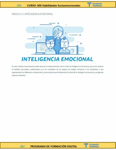 Un cartel titulado "Inteligencia Emocional" muestra a una persona haciendo malabarismos con rostros con diferentes expresiones. El texto explica la importancia de la inteligencia emocional en el ámbito personal y profesional e invita a los estudiantes a explorar herramientas para mejorar el control emocional.