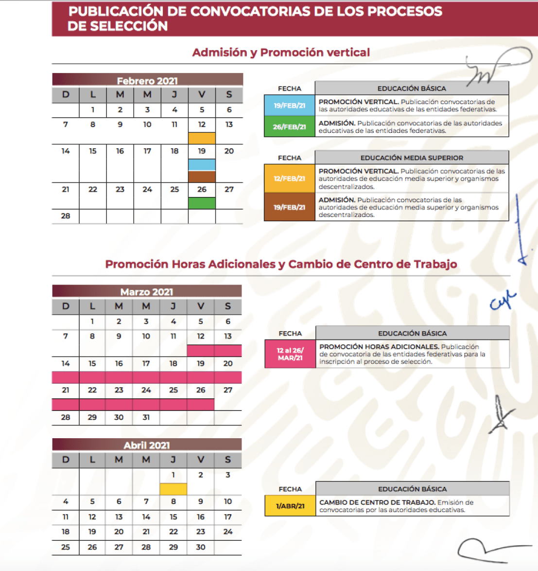 calendario Admisión y promoción vertical y promoción horas adicionales (SEP)