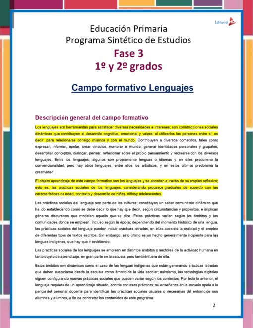 Una página de un documento educativo titulado "Programa Sintético de Estudios Campo Formativo LENGUAJES (Todos los Grados de Primaria)" con el área de enfoque "Campo Formativo LENGUAJES". La página, dirigida a Grados de Primaria, incluye un texto descriptivo sobre el aprendizaje de idiomas en la educación, bordeado por un diseño rojo, amarillo y azul.