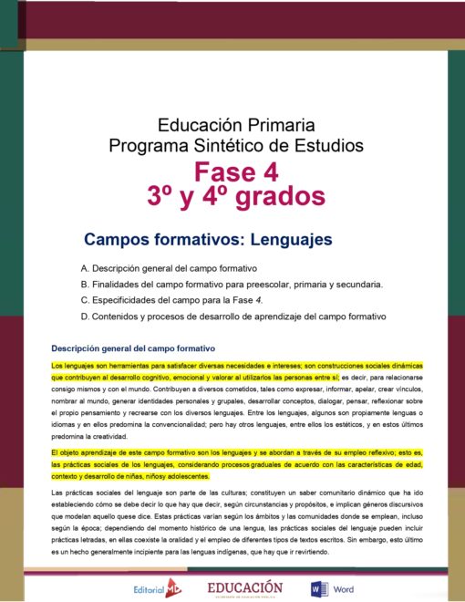 Un documento de la Secretaría de Educación Pública de México titulado "Programa Sintético de Estudios Campo Formativo LENGUAJES (Todos los Grados de Primaria)" para los estudios de Idiomas de 3º y 4º grado dentro del Campo Formativo LENGUAJES. Incluye descripciones, objetivos, detalles y procesos de aprendizaje para el curso.