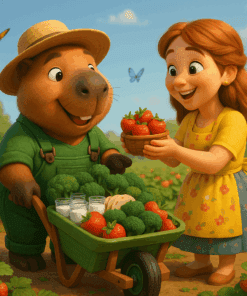 Capibara y mujer en campo de fresas
