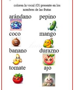 Ficha en español con nombres e imágenes de frutas: arándano, coco, banano, tomate, pepino, mango, durazno, ajo. Las instrucciones piden colorear la letra 