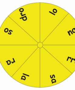 Una rueda de palabras segmentada circular, amarilla y blanca con combinaciones de dos letras en cada segmento, como 