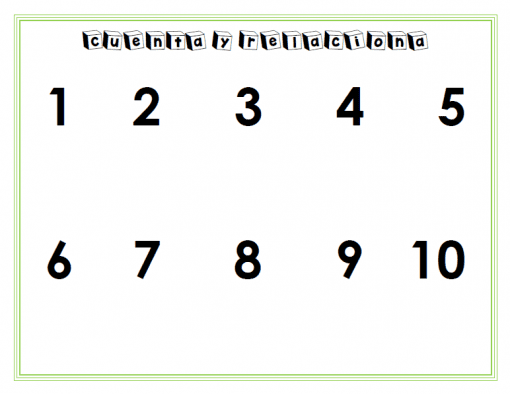 Imagen de un Cuadernillo Didáctico con números del 1 al 10 en dos filas dentro de un cuadro con un borde verde, con la etiqueta "Actividades Didácticas: Cuenta y Reenciona" en la parte superior.