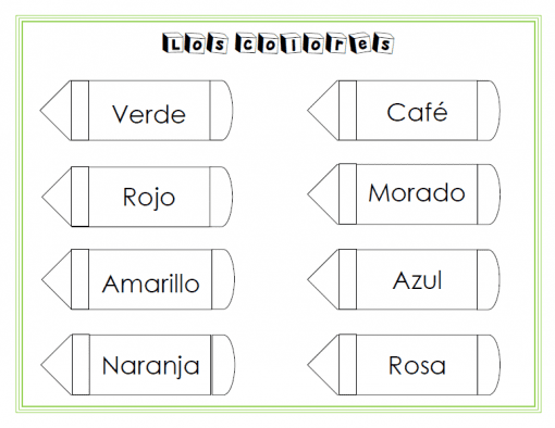 Un gráfico para Cuadernillo Didáctico con el título "Los Colores" en formas de crayones etiquetados con los nombres de los colores en español: Verde, Rojo, Amarillo, Naranja, Café, Morado, Azul, Rosa, dispuestos en una cuadrícula dentro de un marco verde.