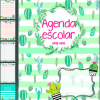 Colorida portada de Agenda Escolares Cactus 19-20 rodeada de ilustraciones de cactus, además de páginas interiores de muestra que muestran diseños brillantes y diseños con bordes con temas de cactus.