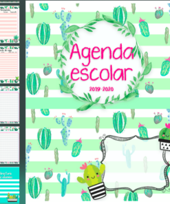 Colorida portada de Agenda Escolares Cactus 19-20 rodeada de ilustraciones de cactus, además de páginas interiores de muestra que muestran diseños brillantes y diseños con bordes con temas de cactus.