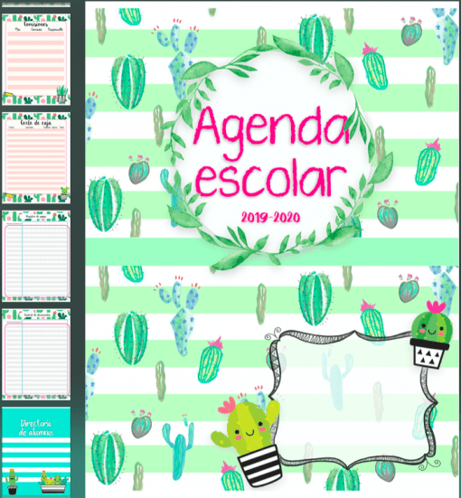Colorida portada de Agenda Escolares Cactus 19-20 rodeada de ilustraciones de cactus, además de páginas interiores de muestra que muestran diseños brillantes y diseños con bordes con temas de cactus.
