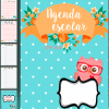 Descripción: Imagen que muestra una colorida Agenda Escolar 19-20 BÚHOS, rodeada de diseños florales y presentando un lindo búho de caricatura con gafas sobre un fondo de lunares.