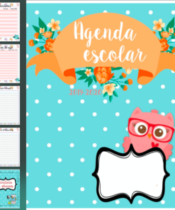 Descripción: Imagen que muestra una colorida Agenda Escolar 19-20 BÚHOS, rodeada de diseños florales y presentando un lindo búho de caricatura con gafas sobre un fondo de lunares.