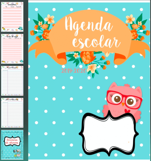 Descripción: Imagen que muestra una colorida Agenda Escolar 19-20 BÚHOS, rodeada de diseños florales y presentando un lindo búho de caricatura con gafas sobre un fondo de lunares.