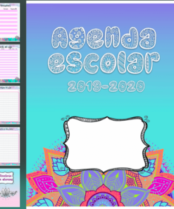 Imagen promocional de la Agenda Escolar Mandalas 19-20 con un colorido diseño de mandala, texto en español y diseños de páginas internas de muestra.