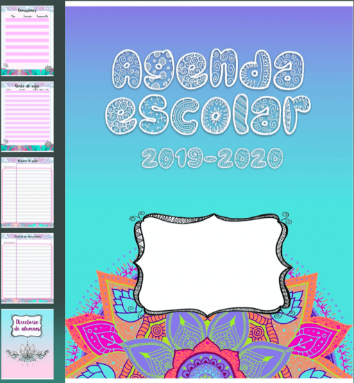 Imagen promocional de la Agenda Escolar Mandalas 19-20 con un colorido diseño de mandala, texto en español y diseños de páginas internas de muestra.