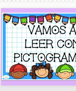 Una imagen educativa que presenta la Lectura con pictogramas encima de coloridos dibujos animados de niños con diversos colores de cabello y símbolos que representan diferentes acciones verbales en el lado izquierdo. Esta herramienta de educación visual incorpora 'lectura con pictogramas' para mejorar el aprendizaje.