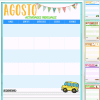 Una vibrante agenda mensual de agosto con secciones para cada día de la semana y un área de notas. El CALENDARIO ESCOLAR MX presenta banderines festivos y una ilustración de un autobús escolar. Las miniaturas más pequeñas al costado muestran planificadores similares para los próximos meses, de agosto a diciembre.