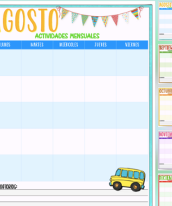 Una vibrante agenda mensual de agosto con secciones para cada día de la semana y un área de notas. El CALENDARIO ESCOLAR MX presenta banderines festivos y una ilustración de un autobús escolar. Las miniaturas más pequeñas al costado muestran planificadores similares para los próximos meses, de agosto a diciembre.