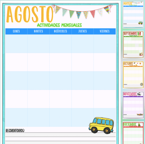 Una vibrante agenda mensual de agosto con secciones para cada día de la semana y un área de notas. El CALENDARIO ESCOLAR MX presenta banderines festivos y una ilustración de un autobús escolar. Las miniaturas más pequeñas al costado muestran planificadores similares para los próximos meses, de agosto a diciembre.