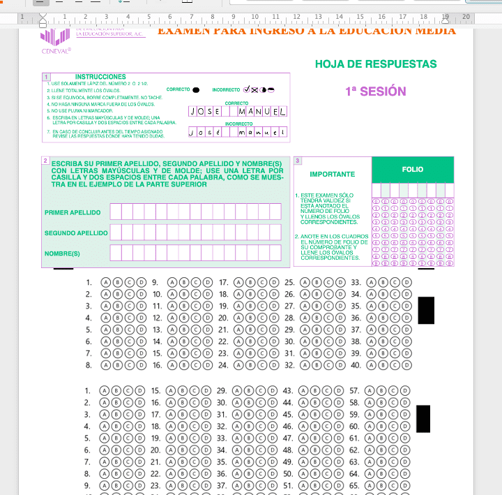 hoja de respuestas estilo EXANI. CENEVAL