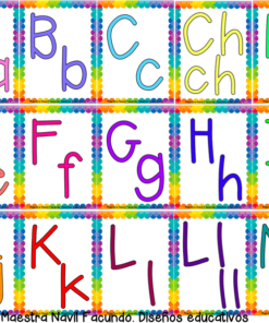 Un gráfico colorido que muestra las letras mayúsculas y minúsculas del alfabeto de la A a la L. Cada par de letras (mayúsculas y minúsculas) se muestra en un cuadro rectangular separado y decorado con colores brillantes. El texto 